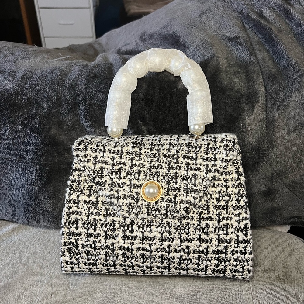 Elegant Black and White Tweed Handbag